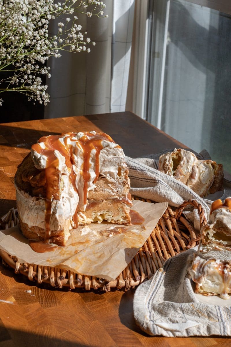 The pumpkin caramel ice cream cake sliced up on a serving tray.