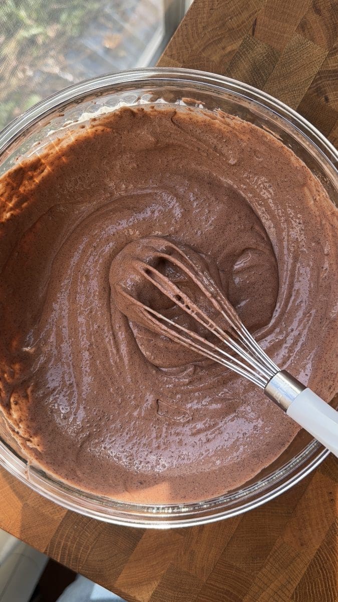 Chocolate pudding in a mixing bowl.