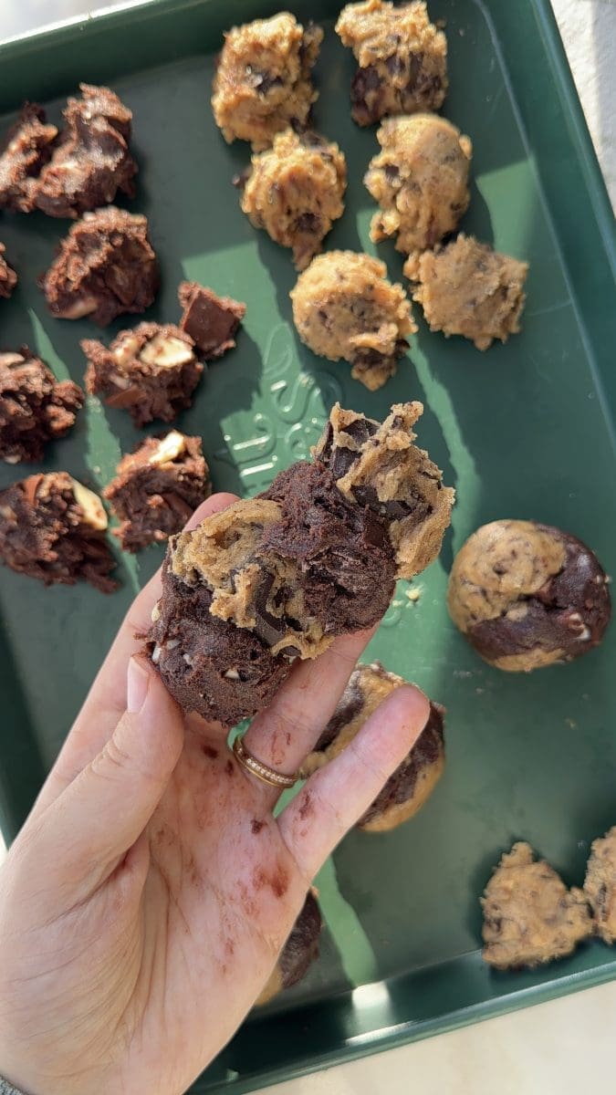Marbling the vanilla and chocolate dough together.