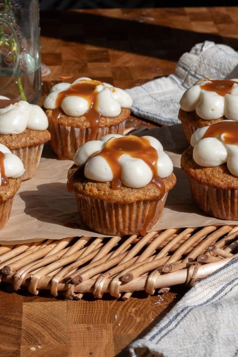 Close up of the small batch carrot cake cupcakes.