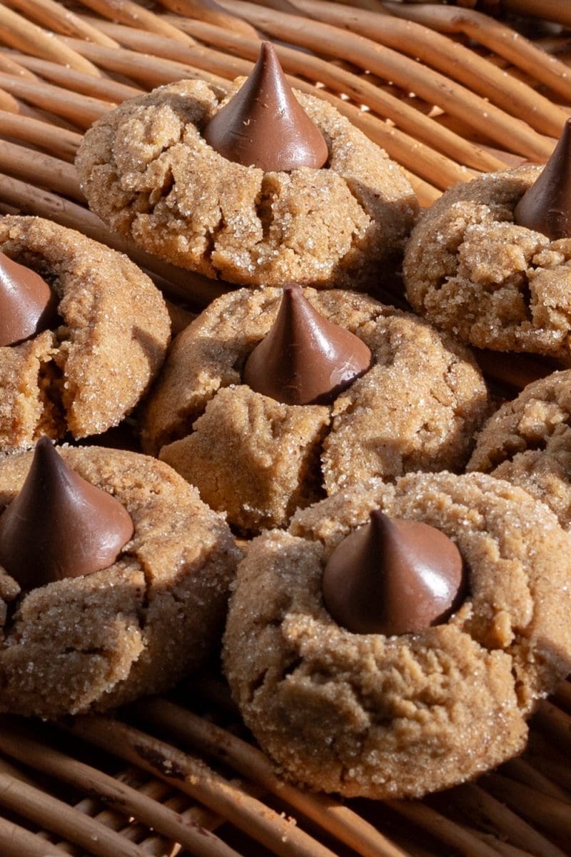 Close up angled view of the small batch peanut butter blossoms.