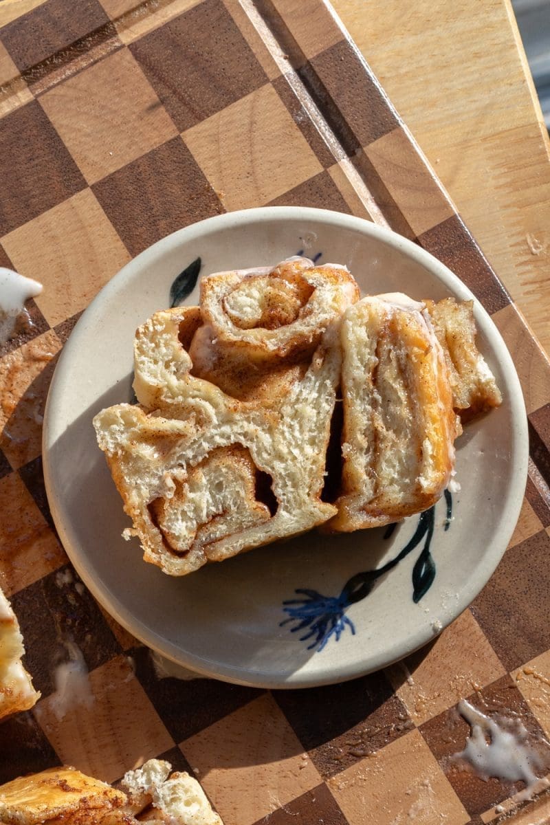 Close up slice of the cinnamon roll milk bread.