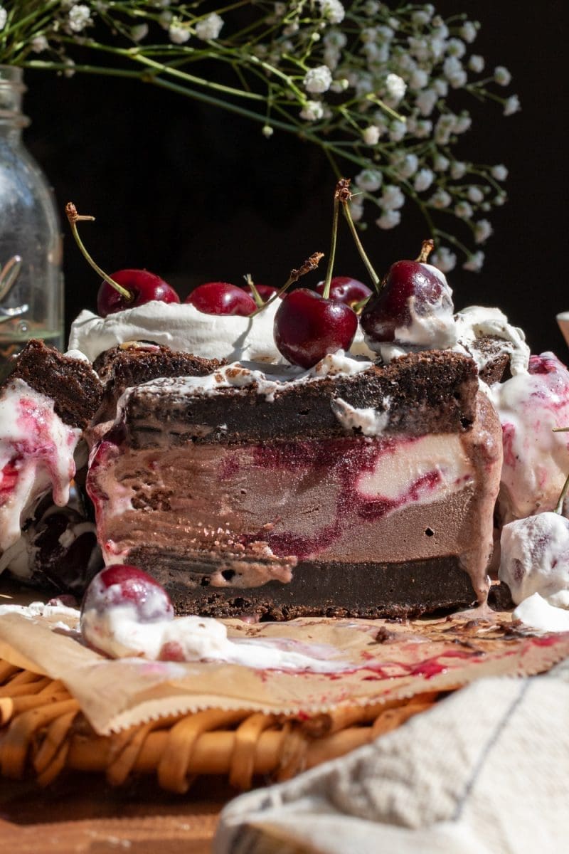 Close up of the cherry brownie ice cream sandwich