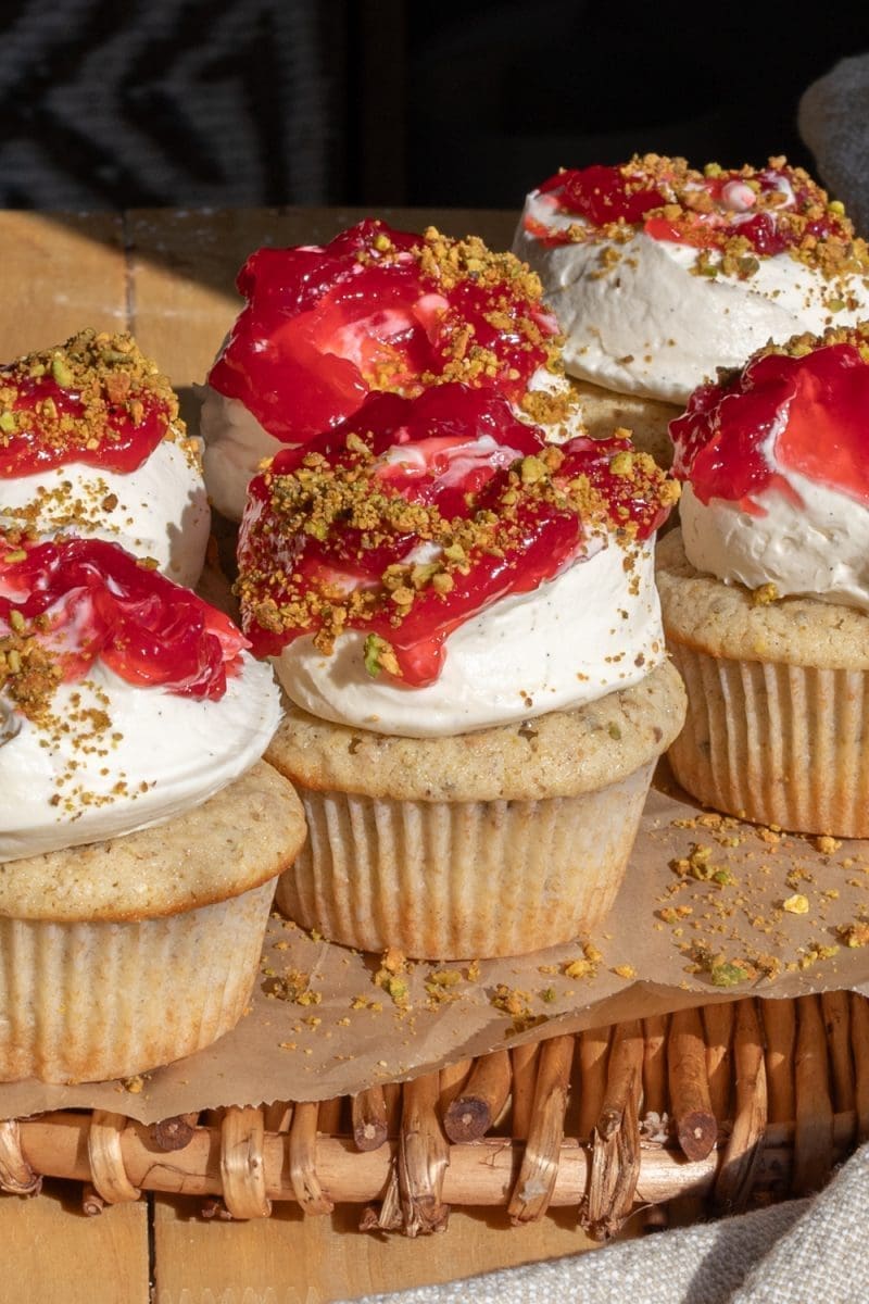 close up of the small batch pistachio cupcakes.