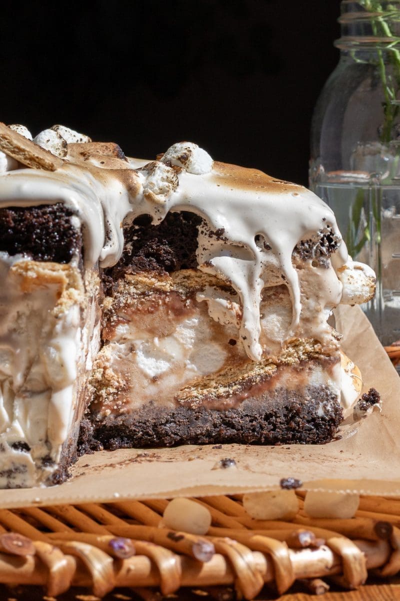 Close up cross-section of the mocha s'mores ice cream cake