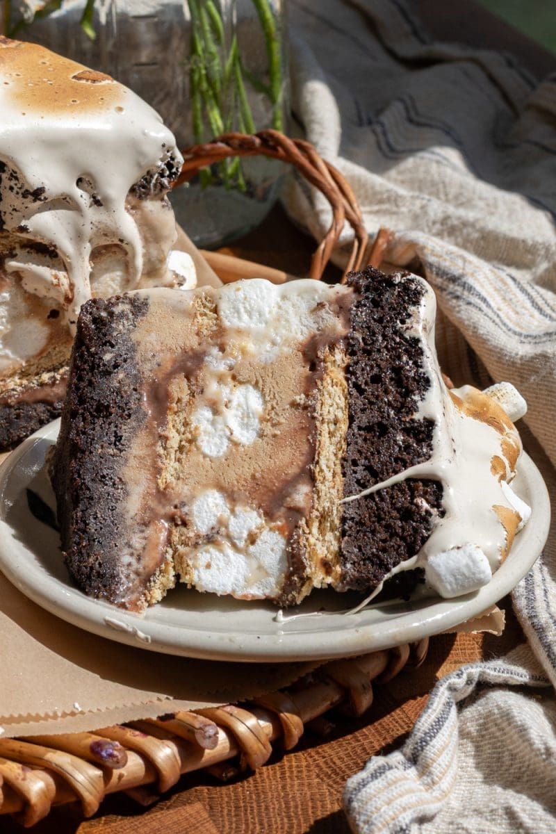 Close up of a slice of the mocha s'mores ice cream cake on its side.