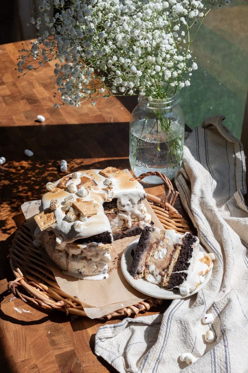 The mocha s'mores ice cream cake on a serving tray.