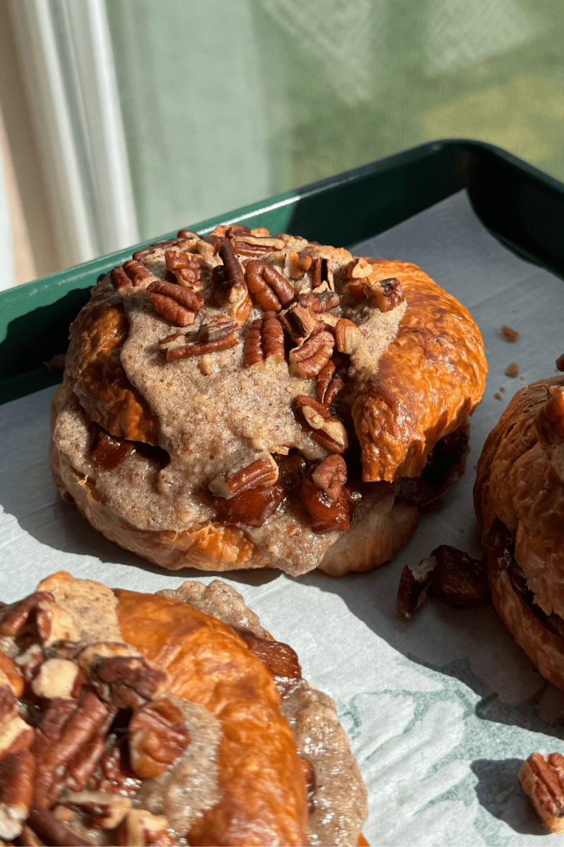 Close up side view of the pecan apple pie croissants.
