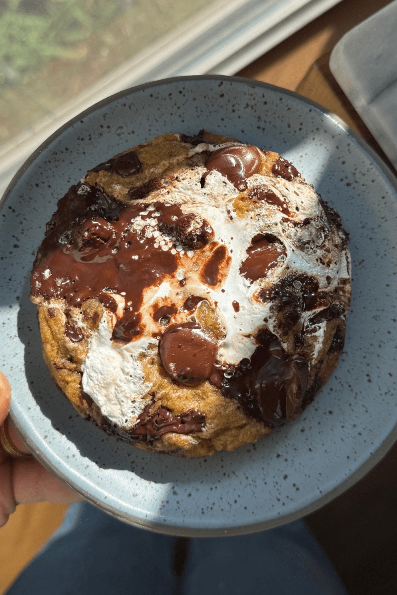 The single serve pumpkin chocolate chip cookie on a plate.