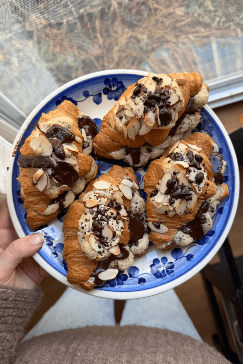 A plate of the earl grey chocolate almond croissants.